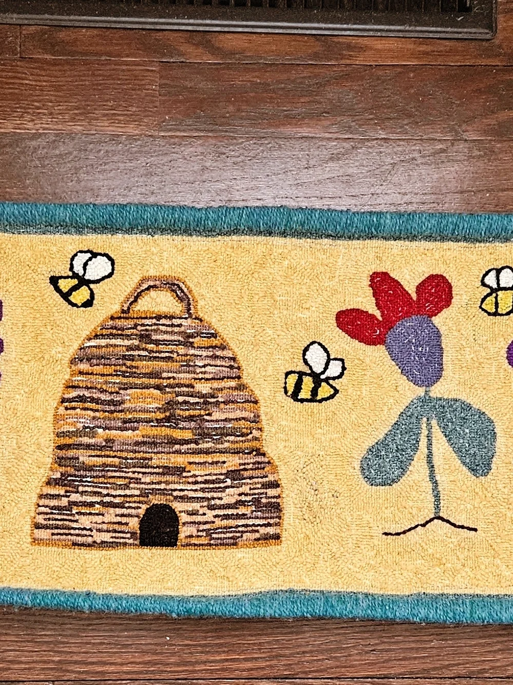 Yellow Beehive Hooked Door Mat Or Table Runner with Floral & Bee Motif